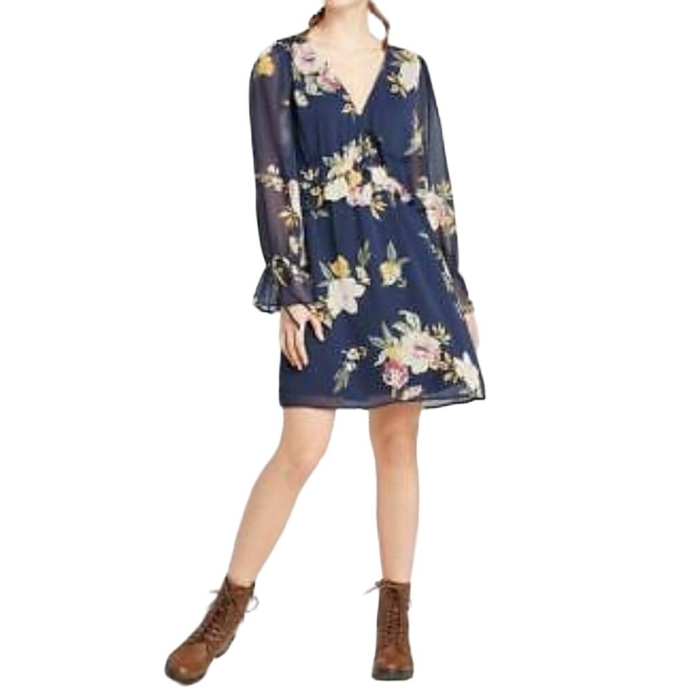 Xhilaration Blue Floral‎ V-Neck Dress Women's Size Medium NWT - Picture 2 of 6